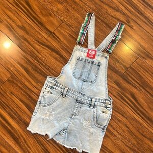 Justice Light Blue Denim Overalls with Multicolor Straps